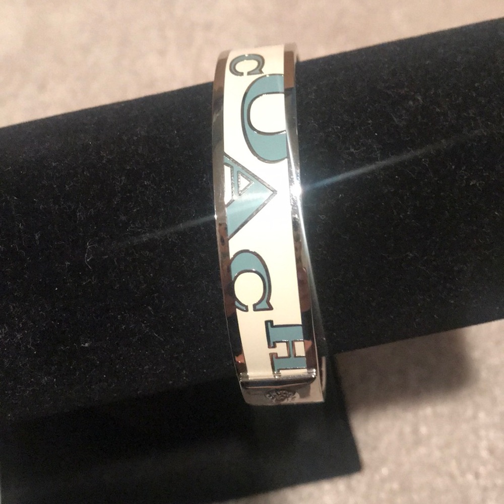Coach Cream and Teal Enamel Logo Bangle - Silver-Tone Trim